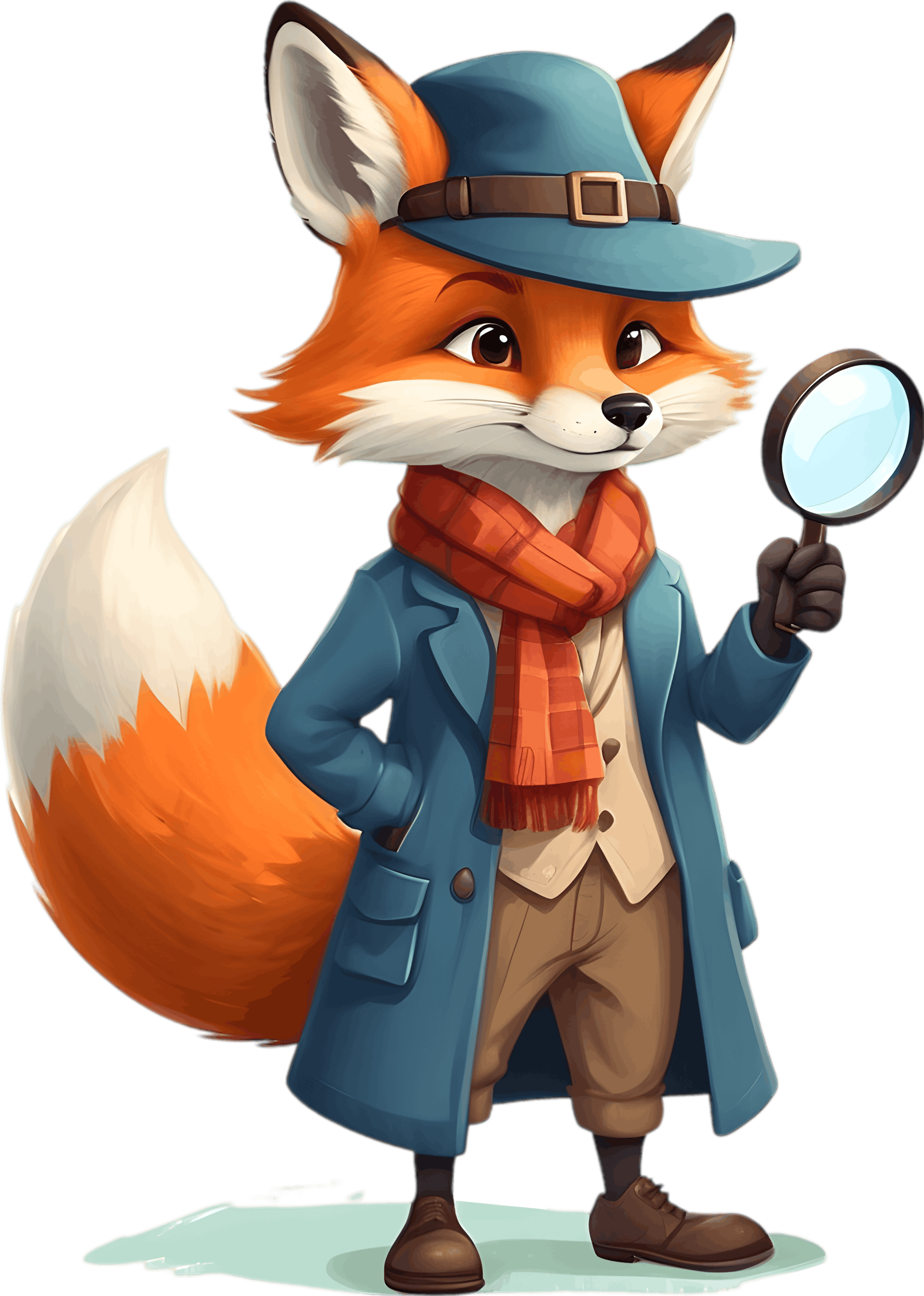 The Wanderer, a fox explorer holding a magnifying glass